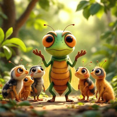 The primary subject of the image is a green and brown insect, possibly a grasshopper or a beetle, standing in a forest. The insect is surrounded by a group of smaller insects, including ants and bees, which are positioned around it. The setting is a forest with trees in the background. The visual style of the image is a combination of photo and digital art, creating a realistic yet artistic representation of the insects and their environment. The colors and mood of the image are natural and serene, with the insects and their surroundings depicted in shades of green, brown, and beige.